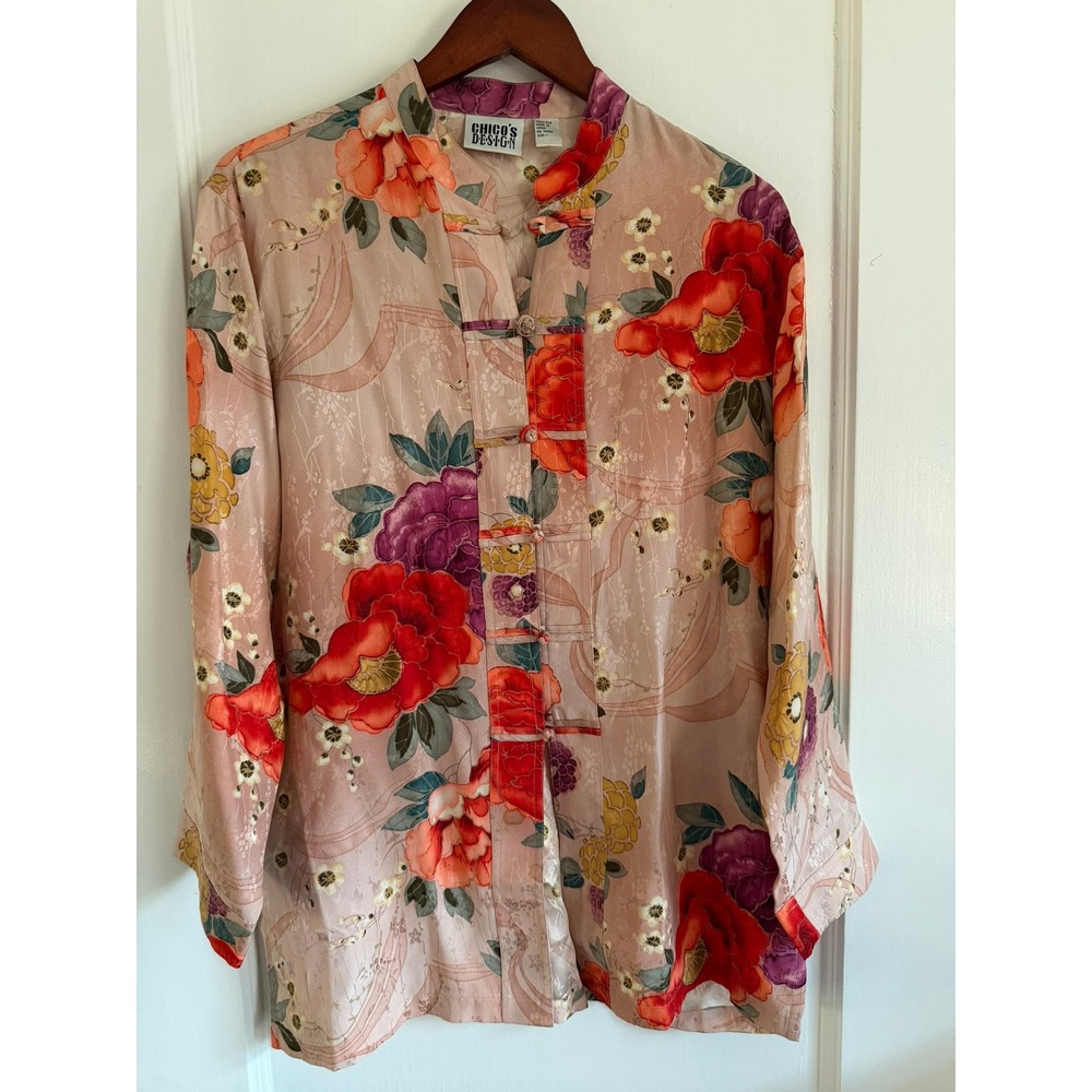 Chico's Design Blouse Womens 1 Pink Silk Floral Mandarin Frog Closure Jacquard